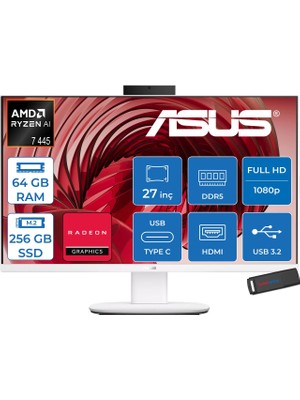 Asus Expertcenter V600 Aio (VM670GA) Amd Ryzen™aı 7 445 Upto 4.6ghz 64GB Ddr5 256GB SSD Amd Radeon™ 840M 27"fhd 300NITS Srgb: 100% Freedos Allınone Bilgisayar VM670GA350F21+ZETTAUSBBELLEK