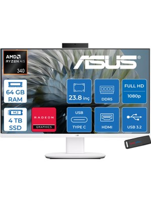 Asus Expertcenter V600 Aio (VM640GA) Amd Ryzen™aı 5 430 Upto 4.5ghz 64GB Ddr5 4tb SSD Amd Radeon™ 840M 24"fhd 300NITS Srgb: 100% Freedos Allınone Bilgisayar VM640GA350F25+ZETTAUSBBELLEK