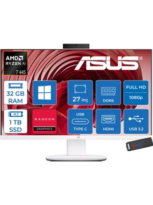 Asus Expertcenter V600 Aio (VM670GA) Amd Ryzen™aı 7 445 Upto 4.6ghz 32GB Ddr5 1tb SSD Amd Radeon™ 840M 27"fhd 300NITS Srgb: 100% WIN11HOME Allınone Bilgisayar VM670GA350H13+ZETTAUSBBELLEK