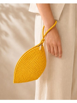Naspar Sarı Renk Dikişli Hasır El Çantası Günlük Kullanım Kadın Portföy Clutch Çanta 30X15X15 cm | Fermuarlı, El Askılı