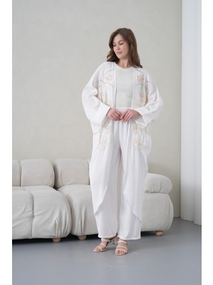 Miss Allos Kadın Önü Nakışlı Boncuk Işlemeli Keten Kimono Hırka ve Pantolon Alt Üst Takım
