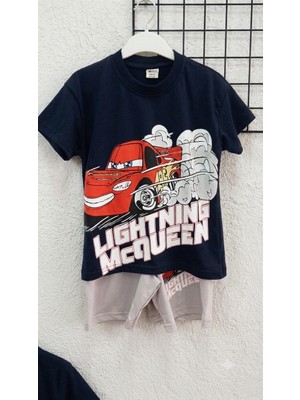 Ponki Şimşek Mcqueen Baskılı Lacivert T-Shirt ve Gri Şortlu Takım