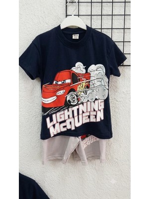 Ponki Şimşek Mcqueen Baskılı Lacivert T-Shirt ve Gri Şortlu Takım