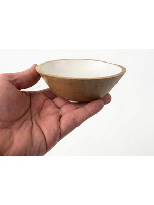 Deconox Mango Ağacı Kase - Içi Krem Emaye (Enamel) Kaplama 13 cm Dekoratif Ahşap Sunum Kasesi -