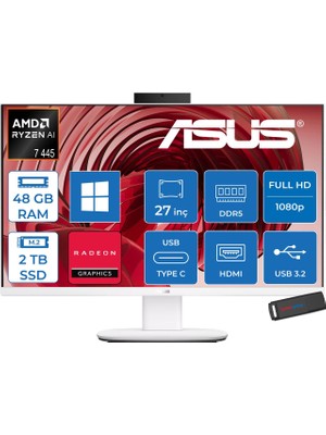 Asus Expertcenter V600 Aio (VM670GA) Amd Ryzen™aı 7 445 Upto 4.6ghz 48GB Ddr5 2tb SSD Amd Radeon™ 840M 27"fhd 300NITS Srgb: 100% WIN11PRO Allınone Bilgisayar VM670GA350P19+ZETTAUSBBELLEK