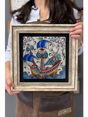 Oscar Stone Decor Çerçeveli Tablo Taş Duvar Dekoru 30 x 30 cm Çini Seramik Gemi