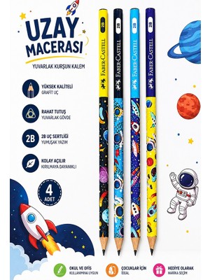 Artlantis Uzay Macerası Kurşun Kalem 4 Adet Faber Castell Yuvarlak Gövdeli Siyah Kurşun Kalem Yumuşak Yazım Kolay Tutuş Kaliteli Okul