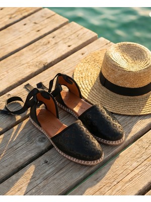 Futsi Shoes Fressia Siyah Hakiki Deri Bilekten Bağlamalı Espadril Kadın Babet