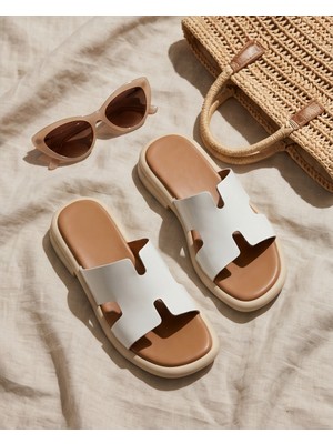Futsi Shoes Noemıe Beyaz Minimal H Kesim Hakiki Deri Rahat Günlük Kadın Terlik
