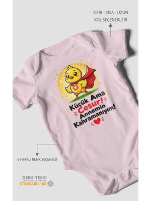 Morivo Kids Küçük Ama Cesur Annemin Kahramanıyım Kısa Kollu Bebek Body %100 Pamuk