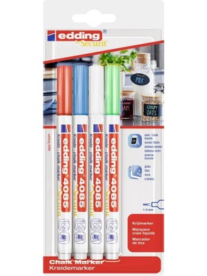 AyrStore Edding 4085 Tebeşir Kalemi - Kırmızı, Beyaz, Mavi, Yeşil (Temel) - 4 Tebeşir Kalemi - 1-2 mm Y