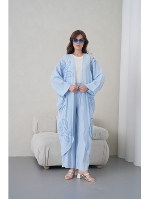 Miss Allos Kadın Önü Pul Payet Nakışlı Keten Kimono Hırka ve Pantolon Alt Üst Takım