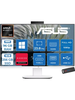 Asus Expertcenter V600 Aio (VM640GA) Amd Ryzen™aı 5 430 Upto 4.5ghz 96GB Ddr5 256GB SSD Amd Radeon™ 840M 24"fhd 300NITS Srgb: 100% WIN11HOME Allınone Bilgisayar VM640GA350H31+ZETTAUSBBELLEK