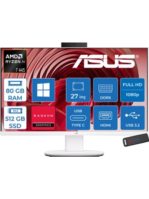 Asus Expertcenter V600 Aio (VM670GA) Amd Ryzen™aı 7 445 Upto 4.6ghz 80GB Ddr5 512GB SSD Amd Radeon™ 840M 27"fhd 300NITS Srgb: 100% WIN11HOME Allınone Bilgisayar VM670GA350H27+ZETTAUSBBELLEK