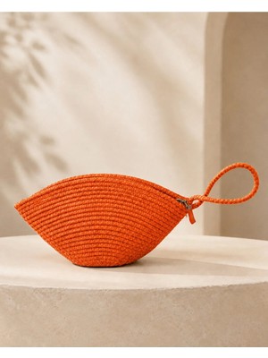 Naspar Turuncu Renk Dikişli Hasır El Çantası Günlük Kullanım Kadın Clutch Çanta 30X15X15 cm | Fermuarlı