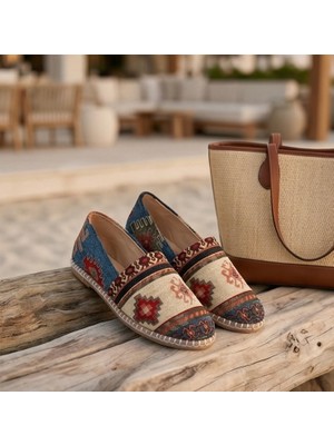 Futsi Shoes Magnolıa Lacivert Kilim Desenli Hakiki Deri Kadın Etnik Desen Espadril Ayakkabı