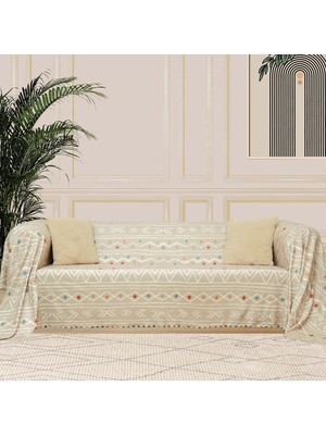 AyrStore Latuda Concept Softmicro Boho Etnik Desenli Mikrofiber Koltuk Örtüsü ve Şalı, Kaymaz Bej 180X22