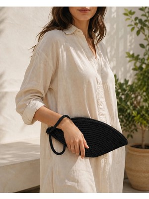 Naspar Siyah Renk Dikişli Hasır El Çantası Günlük Kullanım Kadın Portföy Clutch Çanta 30X15X15 cm | Fermuarlı, El Askılı