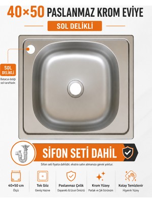 Compact 40X50 Paslanmaz Krom Eviye Sol Delikli Tek Gözlü Sifon Seti Dahil