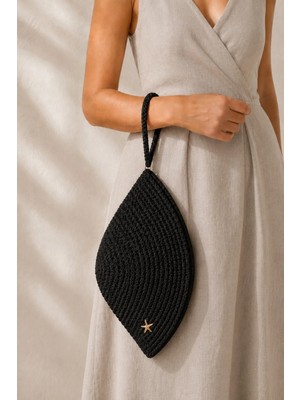 Naspar Siyah Renk Dikişli Bilek Askılı El Çantası Günlük Kullanım Kadın Clutch Çanta 30X15X15 cm | Fermuarlı, Deniz Yıldızı Aksesuarlı