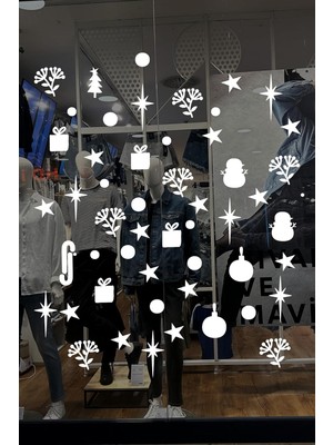 Yılbaşı Vitrin Süsü, Çiçek ve Yıldız Temalı Hediye Paketi Desenli Cam Duvar Sticker, Yılb