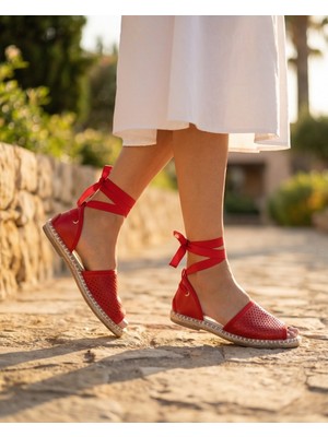 Futsi Shoes Peony Modern Bilekten Bağlama Kırmızı Hakiki Deri Kadın Espadril