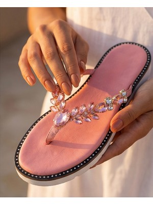 Futsi Shoes Julıette Pembe Hakiki Deri Taş Işlemeli Parmak Arası Kadın Terlik
