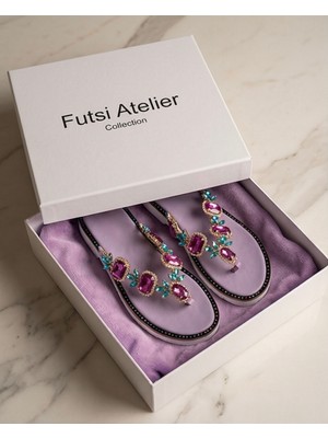 Futsi Shoes Julıette Mor Hakiki Deri Taş Işlemeli Kadın Parmak Arası Terlik