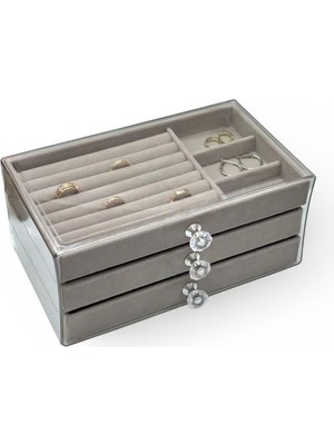 AyrStore Akyüz Dekor 3 Çekmeceli Takı & Bijuteri Organizer Kutusu 10X23X13 Gri