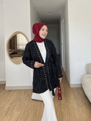 Modiva Mix Kuşaklı Nakış Detaylı Kimono Ceket - Tesettüre De Uygun