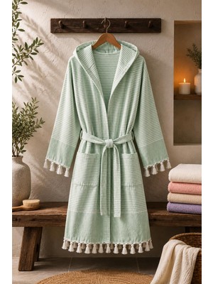 Higliving Çizgili %100 Pamuk Pike Bornoz Kapüşonlu Unisex Premium Seri