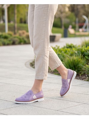 Futsi Shoes Aspendos Lila Hakiki Deri Lazerli Mokasen Kadın Yürüyüş Ayakkabısı