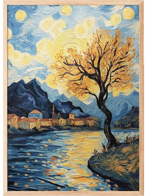 AyrStore Zestia Ahşap Çerçeveli Tablo, Van Gogh Yıldızlı Gece Köprü Yorumu, Salon Dekoru Poster No: 1
