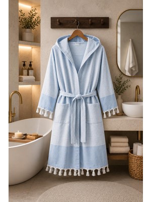 Higliving Çizgili %100 Pamuk Pike Bornoz Kapüşonlu Unisex Premium Seri