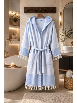 Higliving Çizgili %100 Pamuk Pike Bornoz Kapüşonlu Unisex Premium Seri