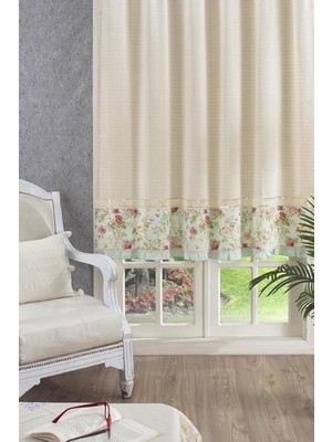 AyrStore Ödel Home Naturel Basma Bordürlü Ara Dantelli Fon Perde 150 x 100 CM%100 Pamuk Iç Montaj