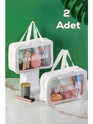 AyrStore Porsima 3142-1 2li Şeffaf Beyaz Seyahat ve Makyaj Çantası Su Geçirmez Organizer Washbag 20X30CM,