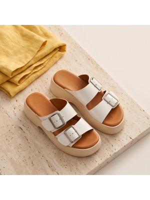 Futsi Shoes Colette Beyaz Hakiki Deri Çift Tokalı Dolgu Taban Kadın Terlik