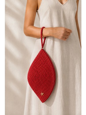Naspar Kırmızı Renk Dikişli Hasır El Çantası Günlük Kullanım Kadın Clutch Çanta 30X15X15 cm | Fermuarlı, Deniz Yıldızı Aksesuarlı