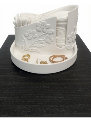 Sepetzone 3D Baskı Çiçek Desenli Makyaj Organizeri - Pamuklu Çubuk ve Takı Tutucu - Banyo Düzenleyici