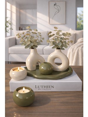 Luthien Minimal Dekoratif Tepsili Vazo Şamdan Seti