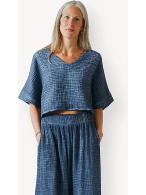 İkikız Crinkle Pamuk Indigo V Yaka Bluz