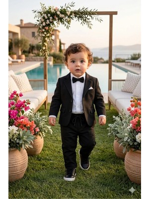 Baby Kids Colors Flamlı Keten Salaş Ceketli Takım Elbise/gömlek Pantolon Ceket Papyon (Ay Grubu Zıbınlı)