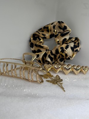 zdjewelry Zarif Gold ve Leopar Detaylı Mandal Otomatik Lastikli Toka Set 3 'lü Lüks Kadın Saç Aksesuarı