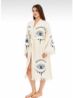 Ege Cotton Mavi Göz Desenli Taş Baskılı Kuşaklı Pamuklu Müslin Kimono Peştemal Bornoz