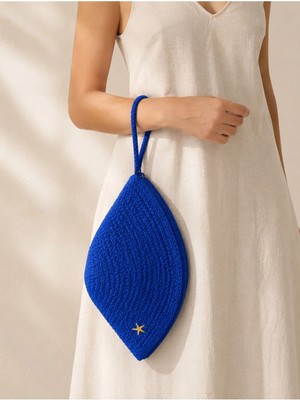 Naspar Saks Mavisi Renk Dikişli Hasır El Çantası Günlük Kullanım Kadın Clutch Çanta 30X15X15 cm | Fermuarlı, Deniz Yıldızı Aksesuarlı