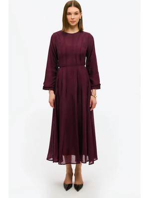 Miraydin Butik Kadın Parçalı Dikiş Detaylı Belden Bağlamalı Elbise M91165 - Mürdüm