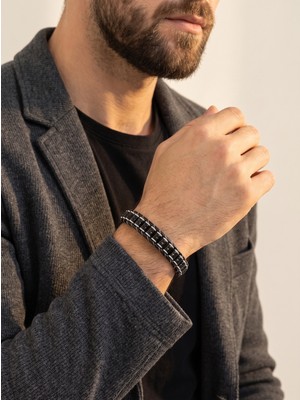 Parmas Design Oniks ve Hematit Çelik Örgülü Deri Erkek Maskülen Hediye Bileklik 01899