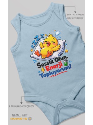 Morivo Kids Sessiz Olun, Enerji Topluyorum! Sıfır Kollu Bebek Zıbını %100 Pamuk