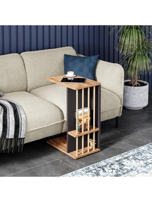 AyrStore Intergo-Tekerlekli Yan Sehpa Koltuk Sehpası C Sehpa Zigon Sehpa Servis Sehpası (Atlantik Çam, Gri